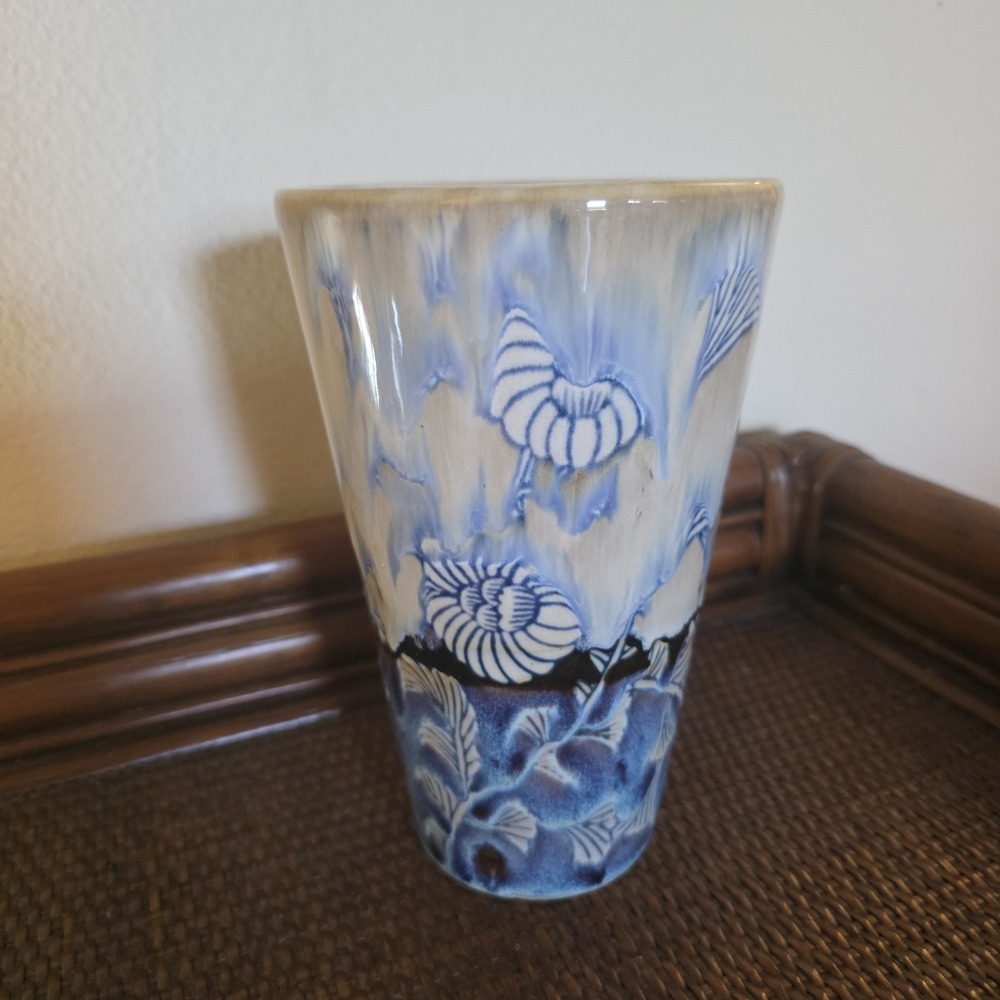 Studio Art Pottery Vase Blue White Floral Seashell Coastal Beach Drip Glaze 8"‎
